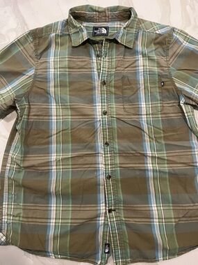 The North Face Plaid Button-Up Shirt in Olive, Light Blue, and tan
